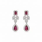 Silver-tone ruby-red cluster earrings, flat-lay pair showing teardrop halo design