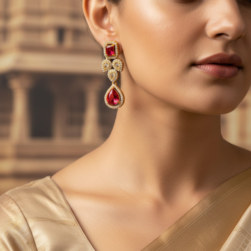 Gold and Red Ruby Crystal Drop Statement Earrings