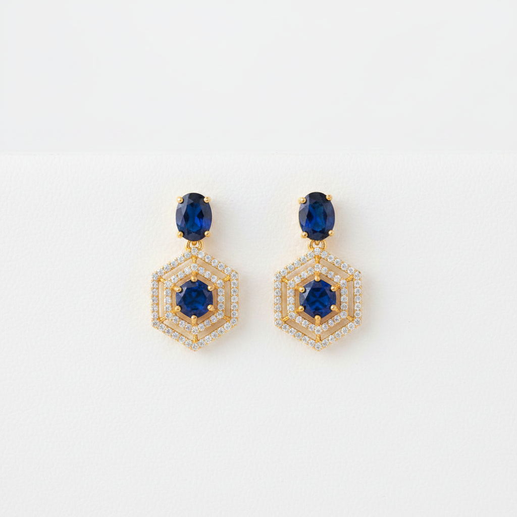 Sapphire Hexa Halo Statement Earrings