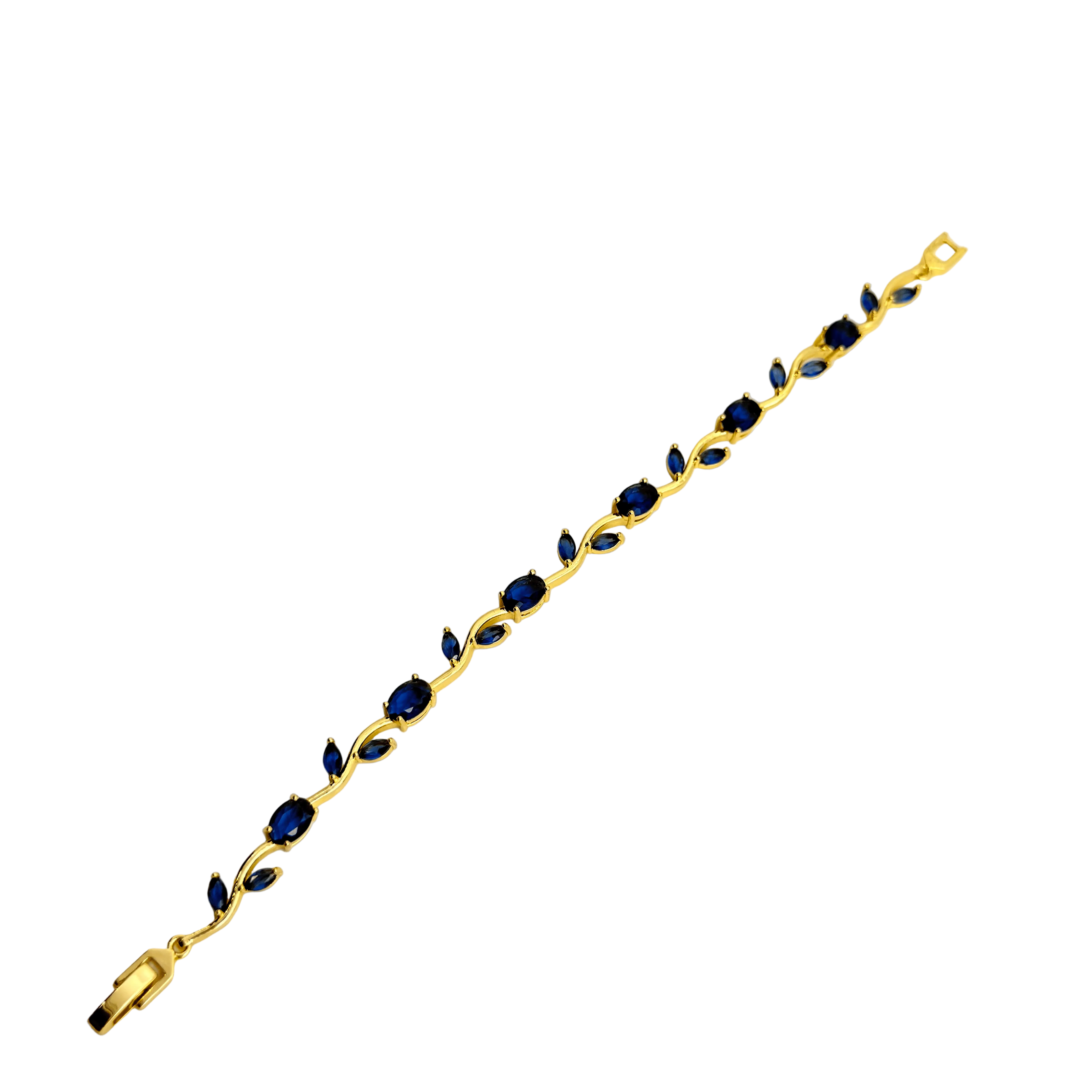 Gold bracelet with blue stones on a white background