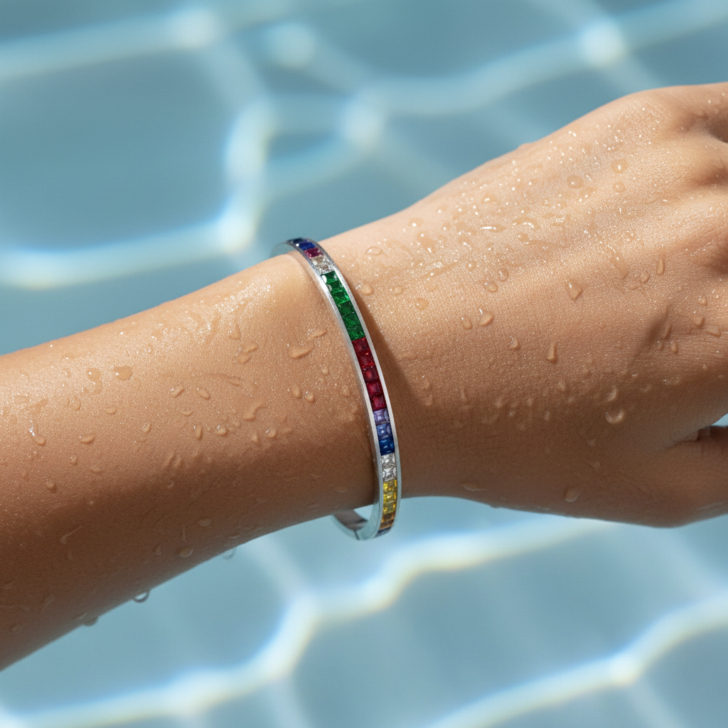 Bracelet with colorful gemstones on a textured black surface