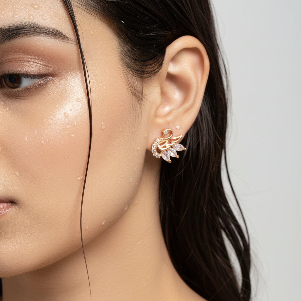 Swan Motif CZ Elegance Stud Gold Swan earring