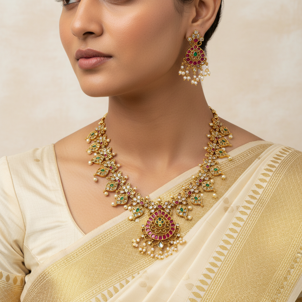 Woman wearing a gold necklace and earrings with a beige saree.