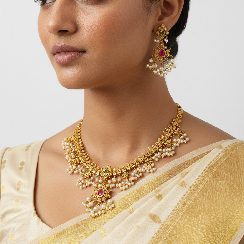 Woman wearing a gold necklace and earrings with a plain background