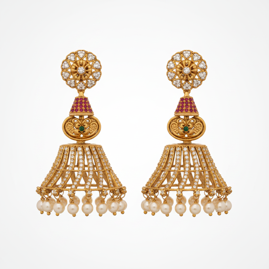 Temple Pearl Jhumka Statement Earrings