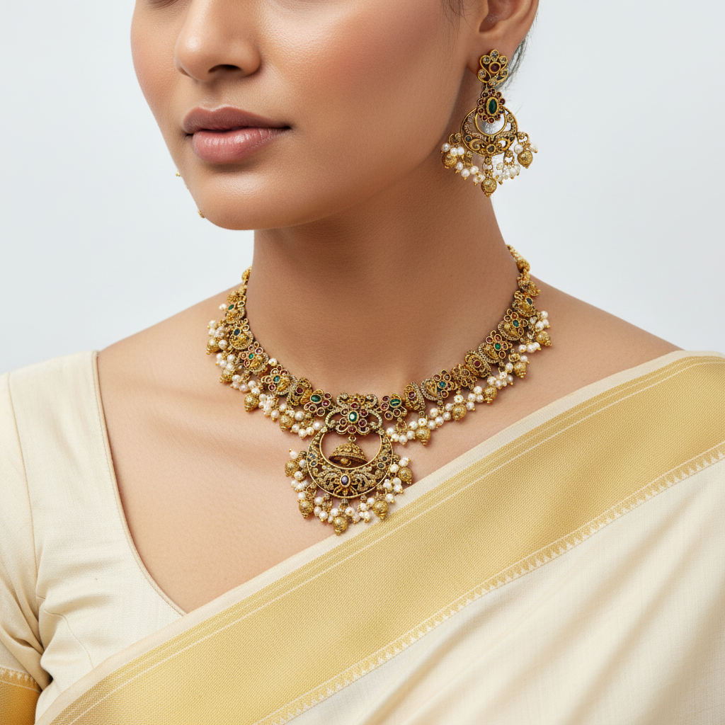Woman wearing a gold necklace and earrings on a plain background