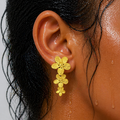 Close-up of an ear wearing a gold floral earring with a gray background