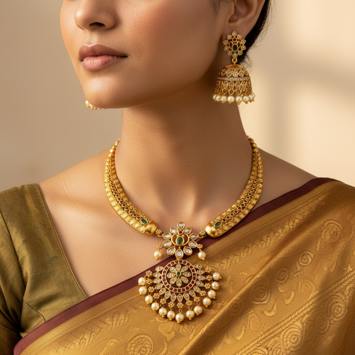 Woman wearing gold jewelry including a necklace and earrings on a neutral background