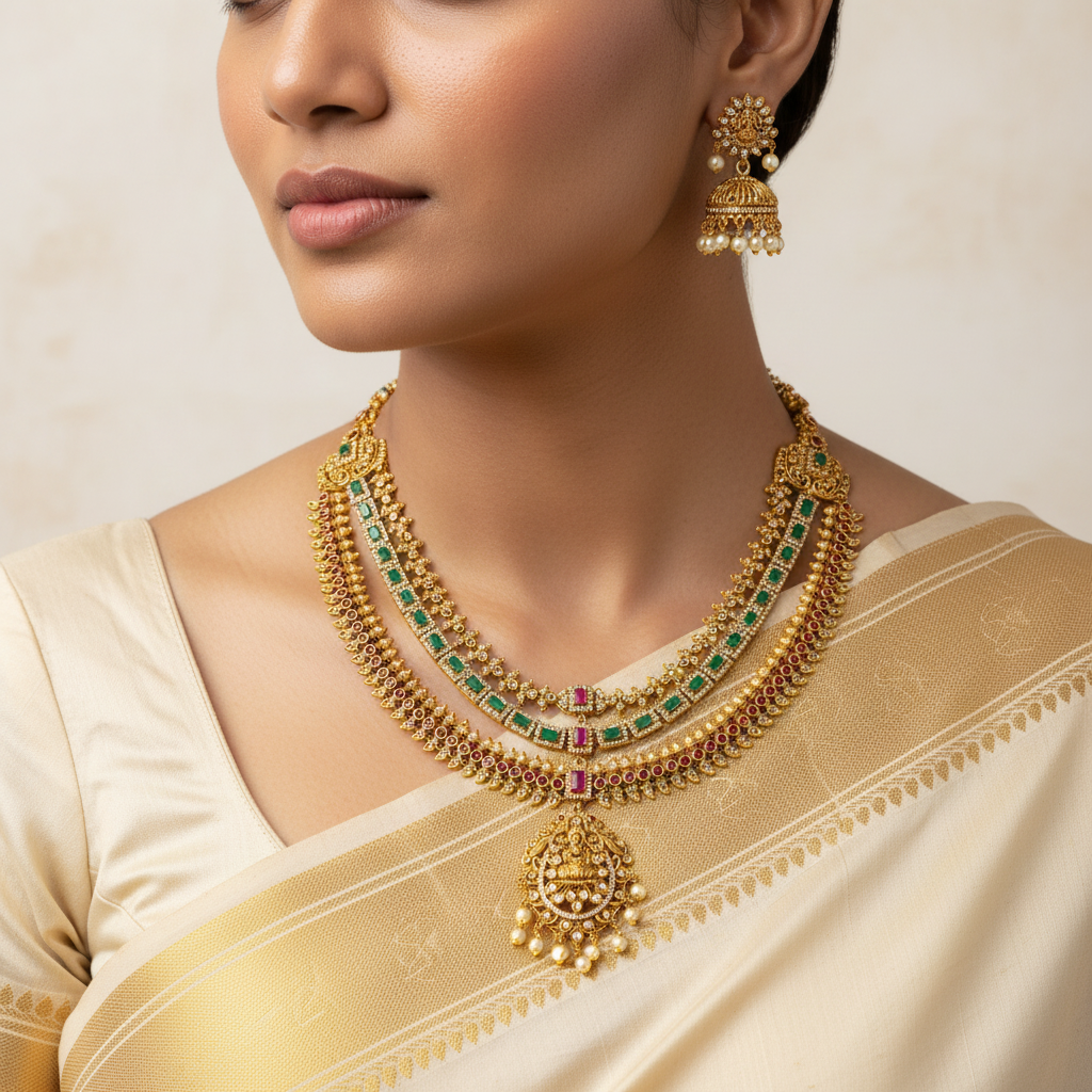 Woman wearing a gold necklace and earrings with a beige saree.