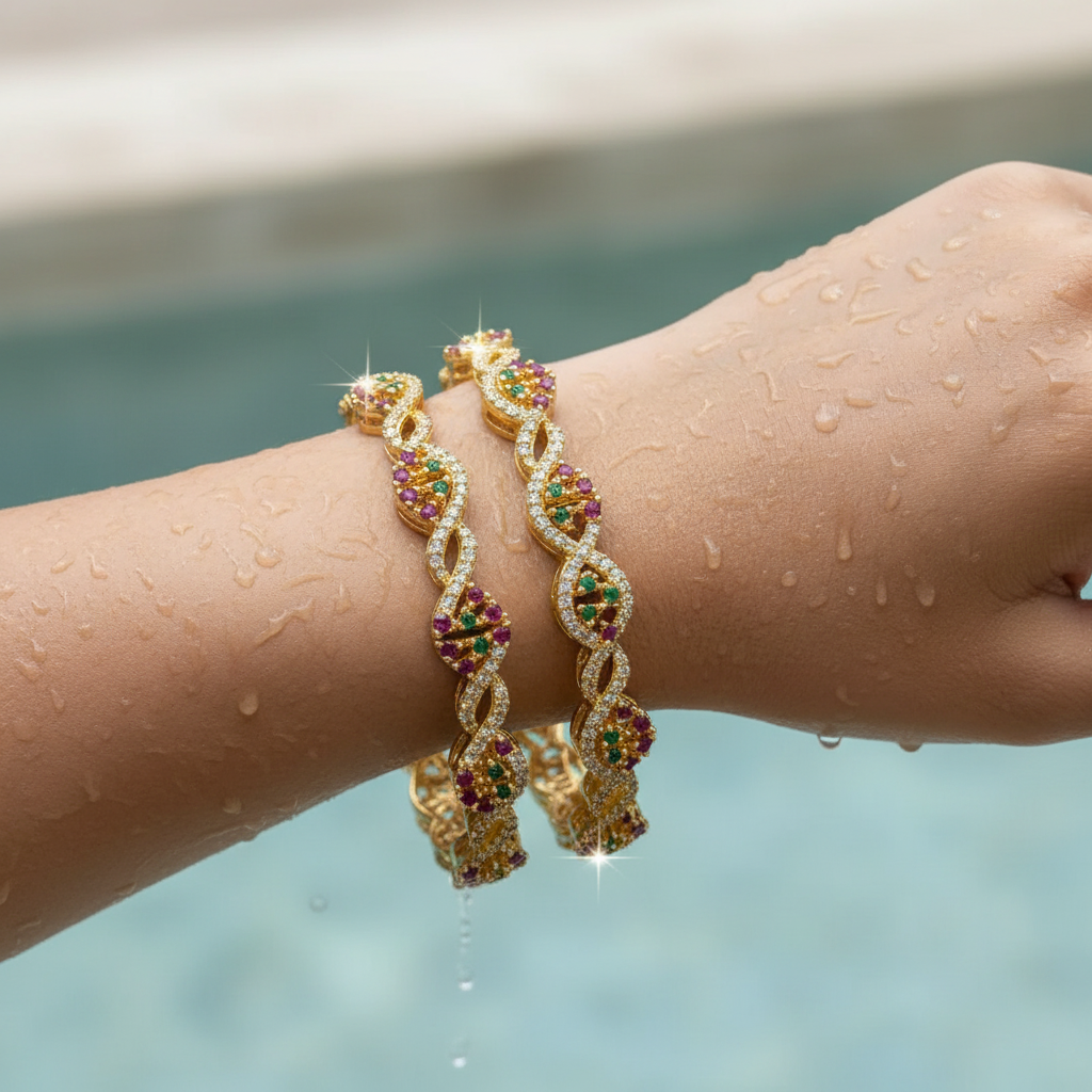 Intricate Ruby & Emerald Gold Bangle Set
