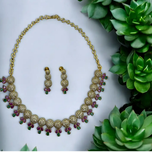 Golden Crystal Drop Necklace and Earrings Set
