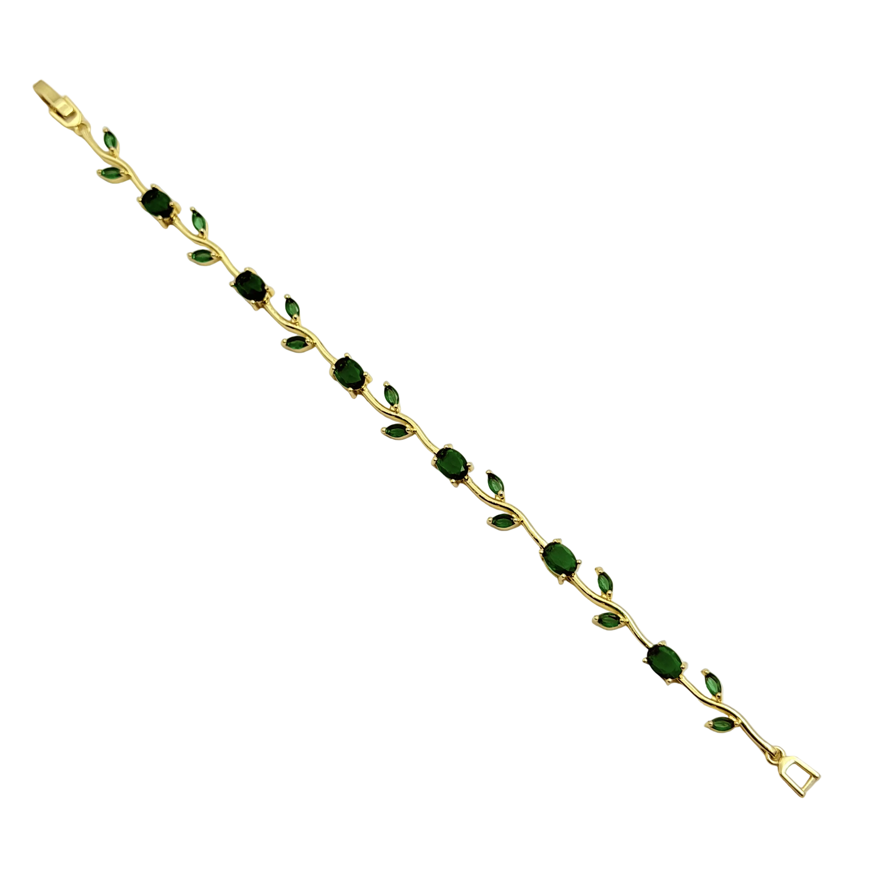 Gold bracelet with green gemstones on a white background