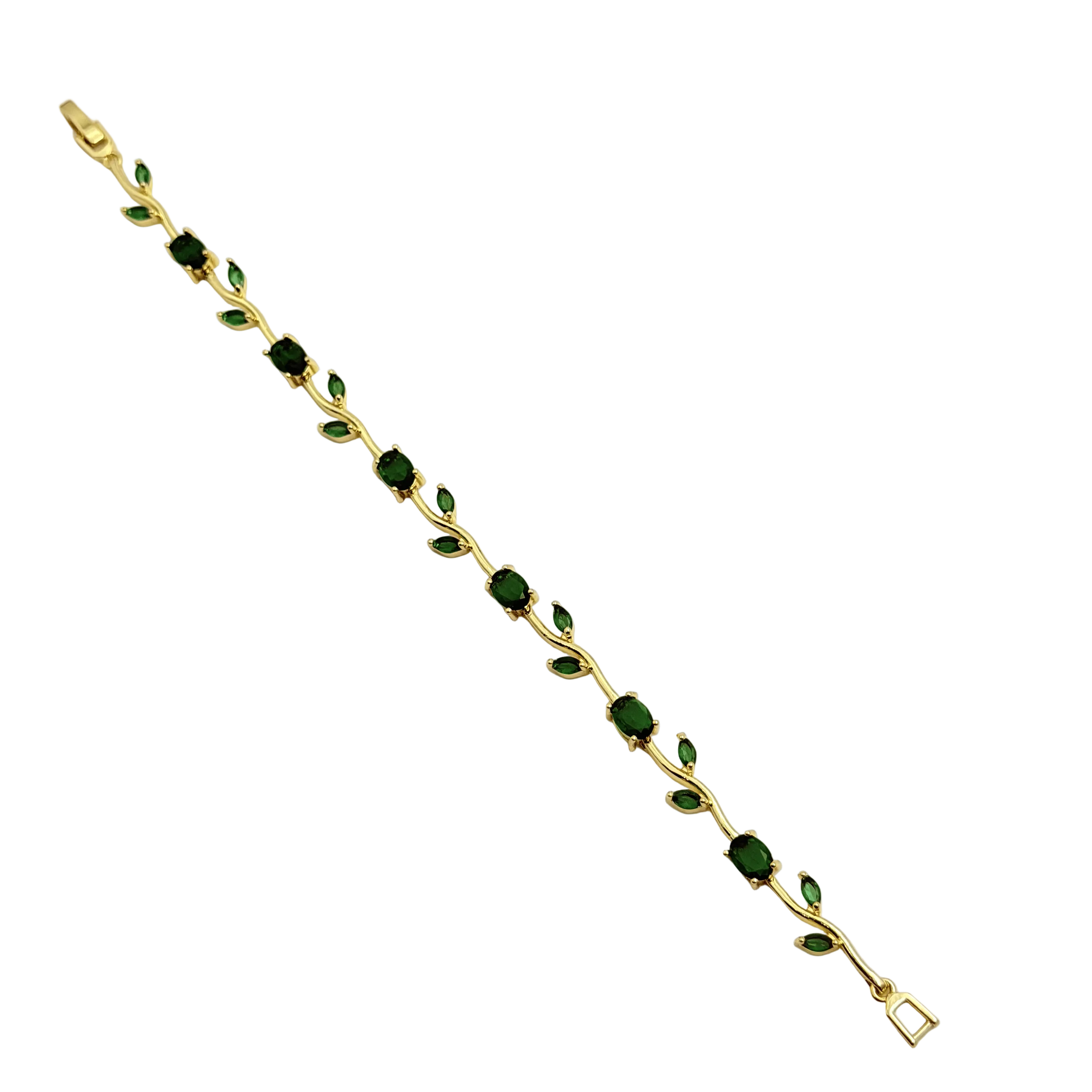 Gold bracelet with green gemstones on a white background