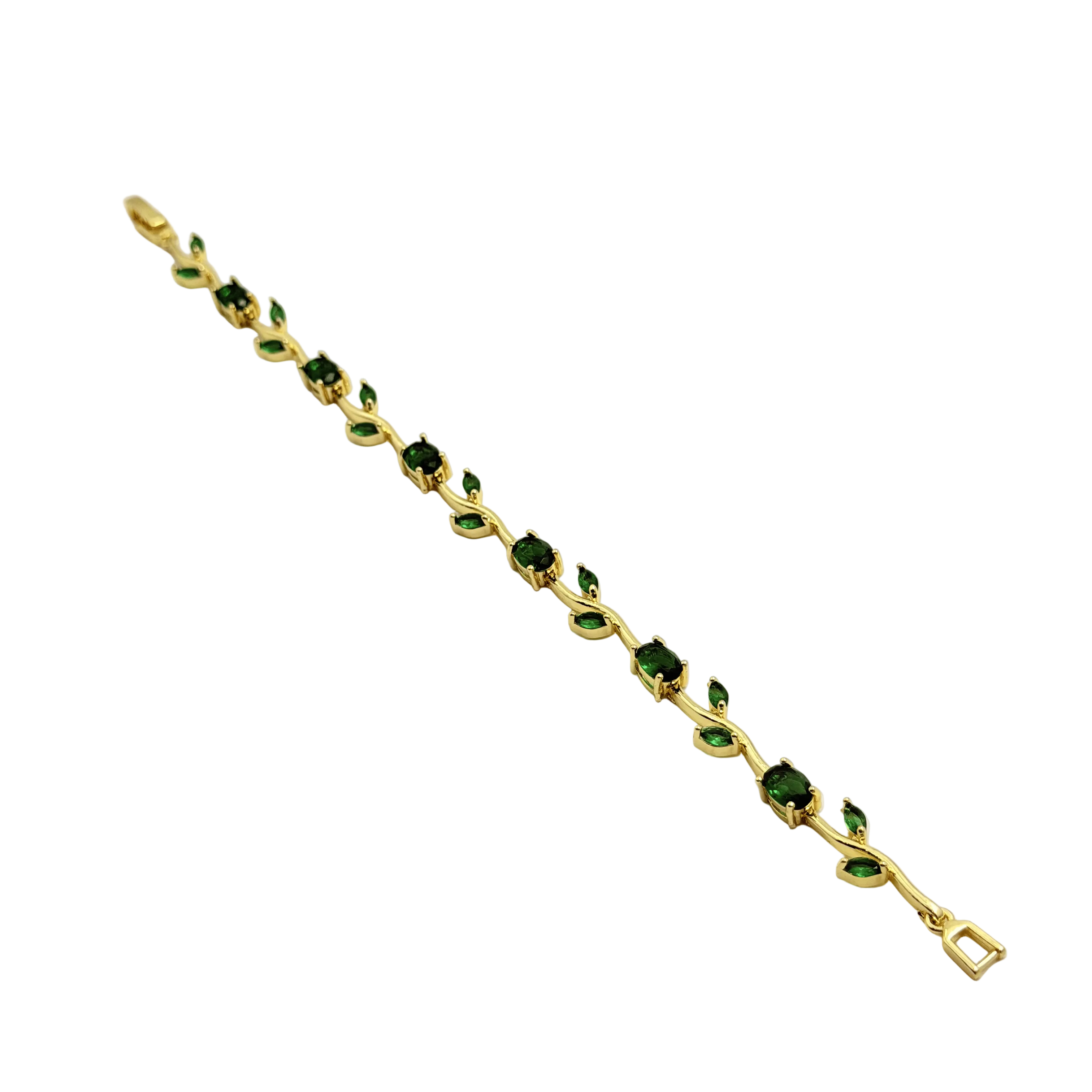 Gold bracelet with green gemstones on a white background