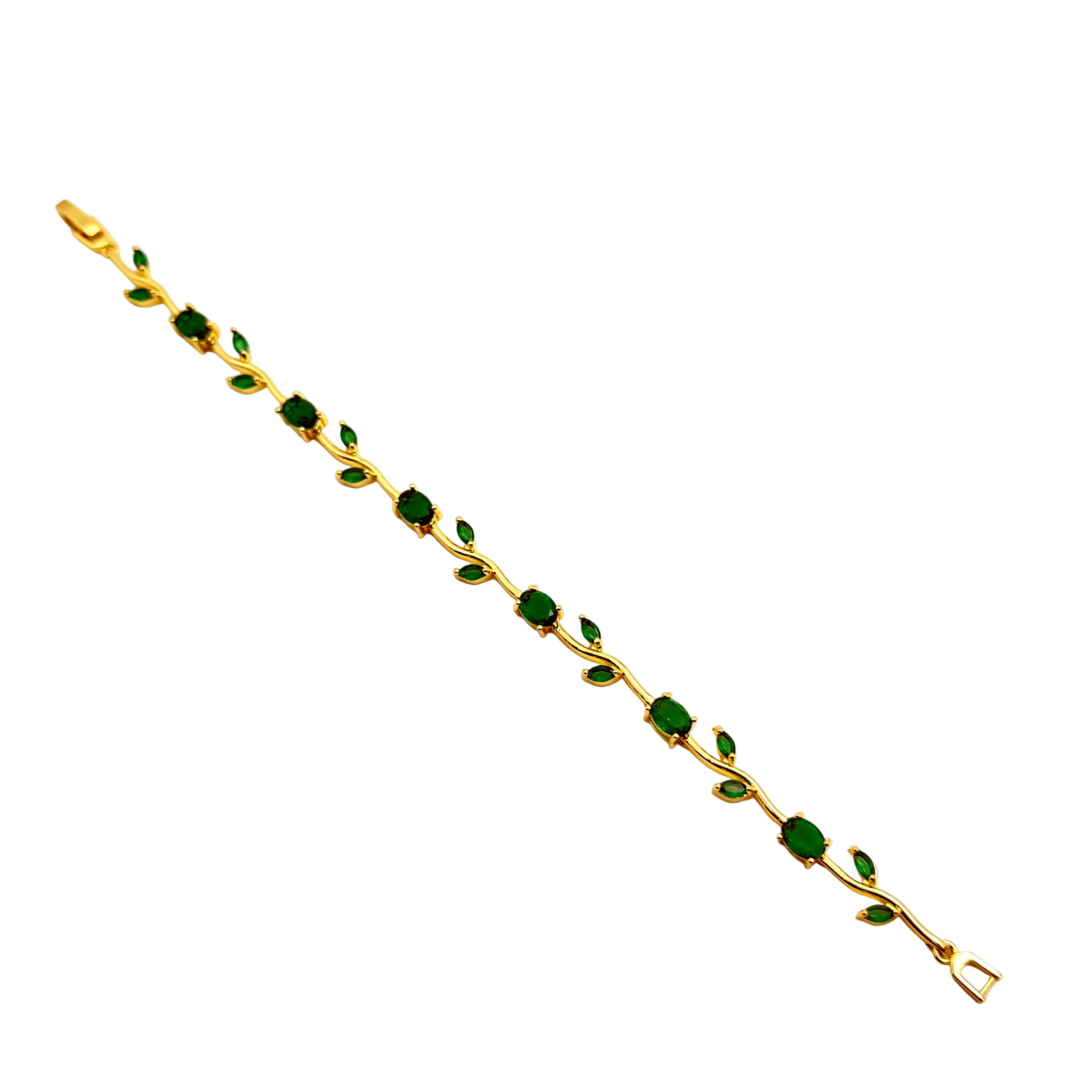 Gold bracelet with green gemstones on a black background
