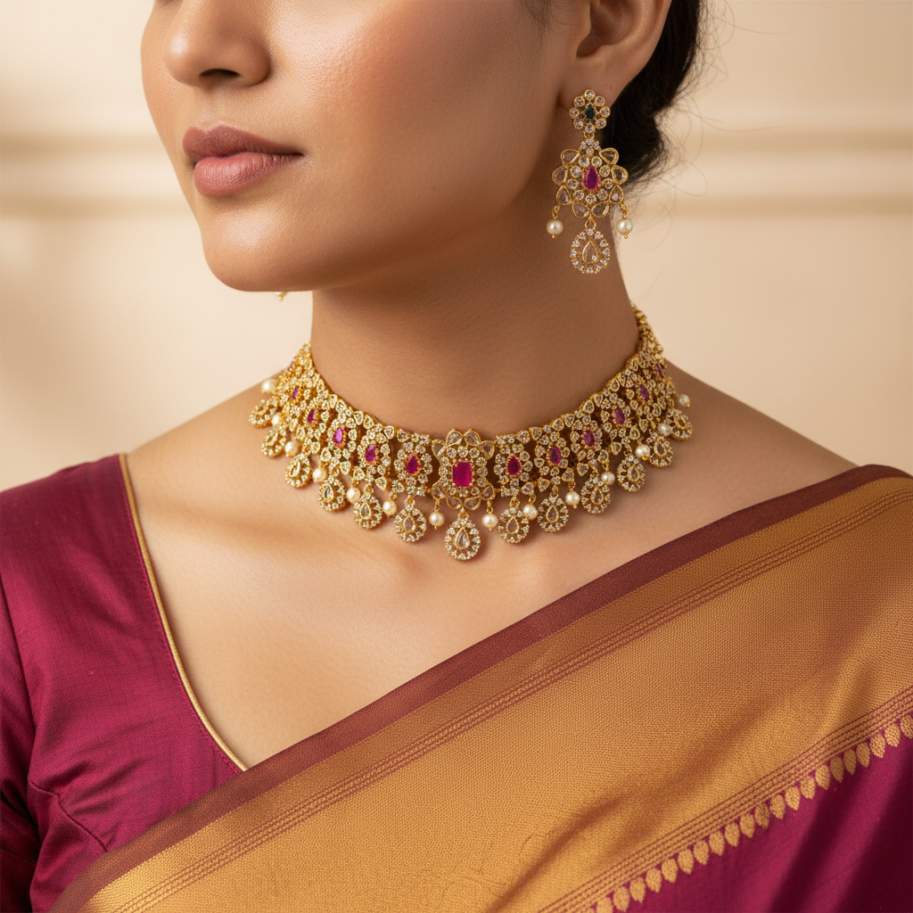 Woman wearing a gold necklace and earrings with a maroon and gold saree.