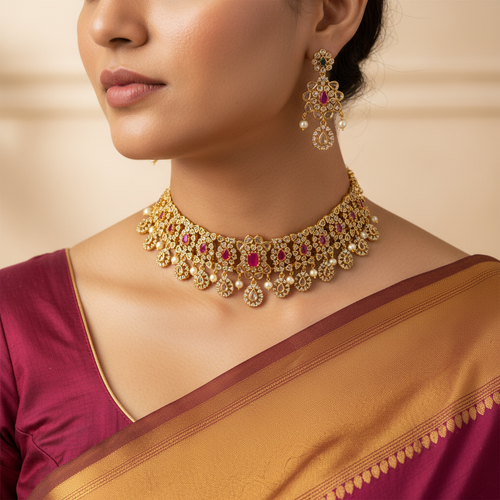 Woman wearing a gold necklace and earrings with a maroon and gold saree.