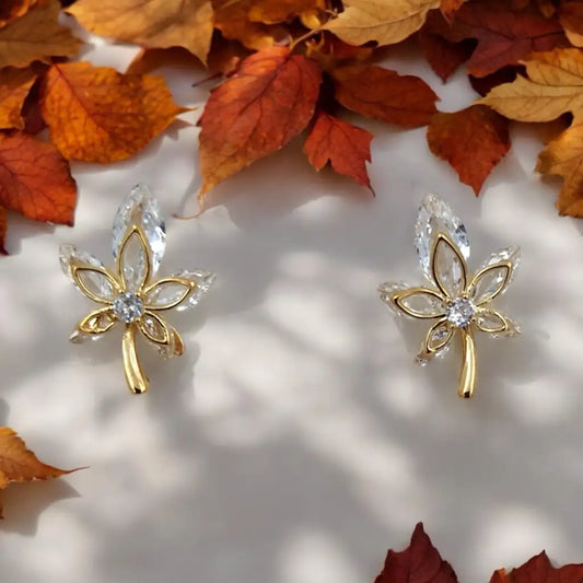 Golden Crystal Leaf Earrings