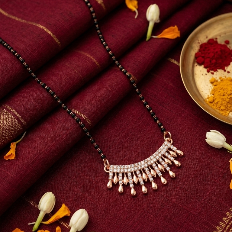 Maroon saree with jewelry and flowers on a red fabric background