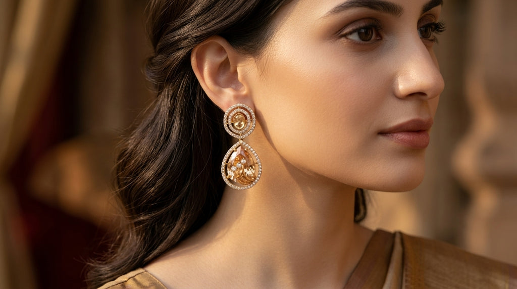 Champagne Crystal Halo Drop Statement Earrings