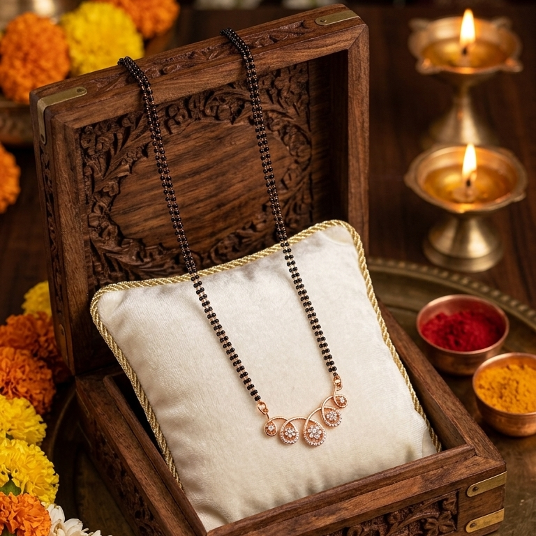Decorative wooden box with a necklace on a table with flowers and candles
