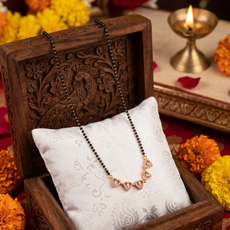 Decorative necklace in a wooden box with flowers and traditional items in the background