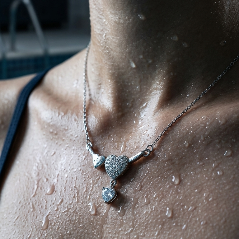 Necklace with a heart-shaped pendant on a person's neck with water droplets.