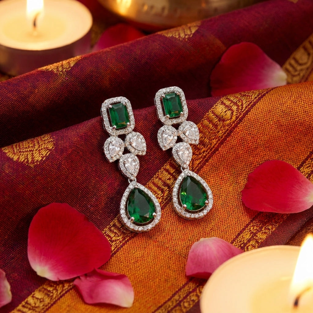 Emerald Teardrop Crystal Cluster Earrings - festive styling