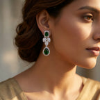 Emerald Teardrop Crystal Cluster Earrings - worn on model