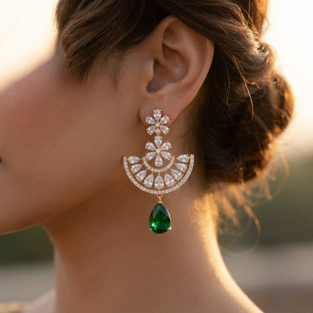 Emerald Drop Floral Halo Statement Earrings