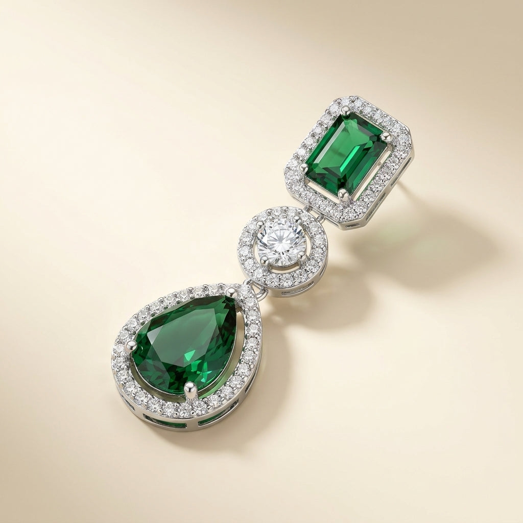 Emerald Green Halo Drop Statement Earrings