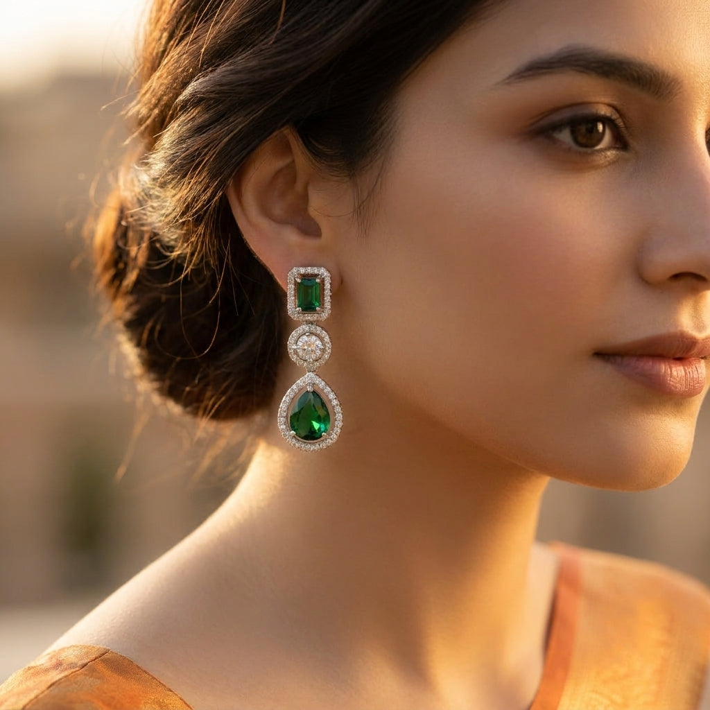 Emerald Green Halo Drop Statement Earrings