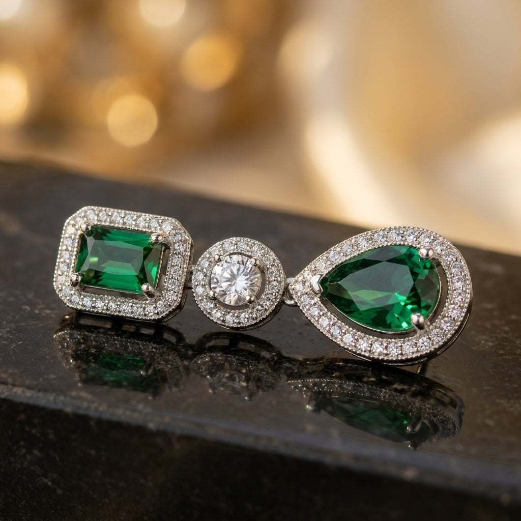 Emerald Green Halo Drop Statement Earrings