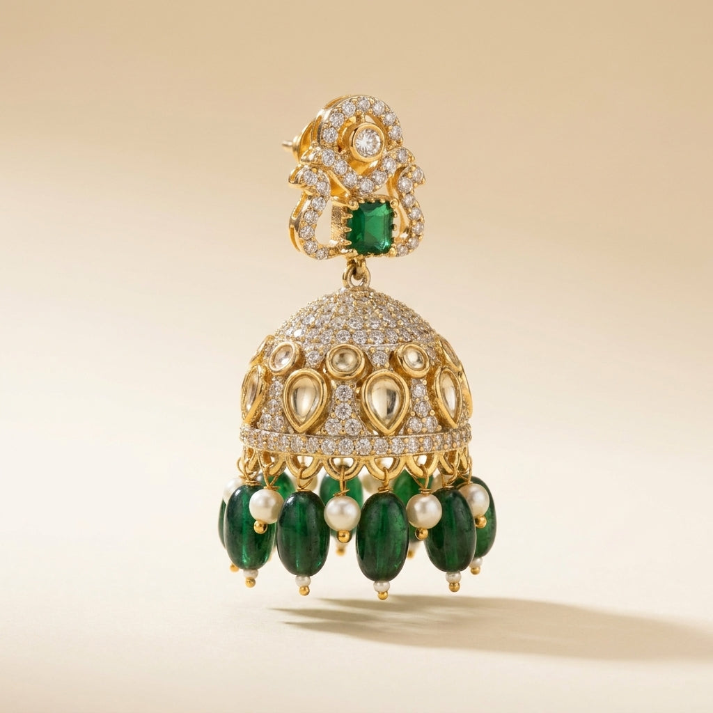 Emerald Beaded Temple Jhumka Earrings
