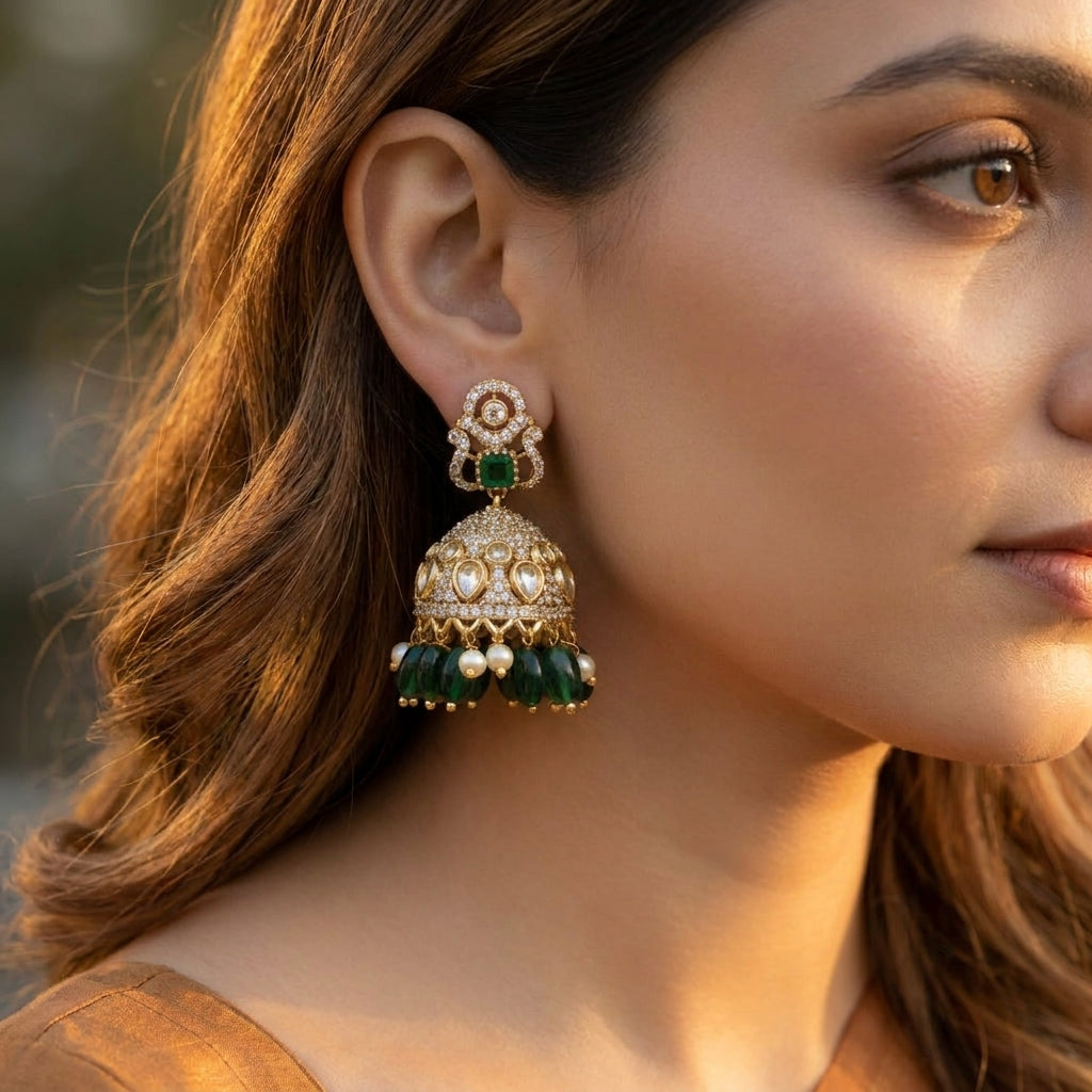 Emerald Beaded Temple Jhumka Earrings