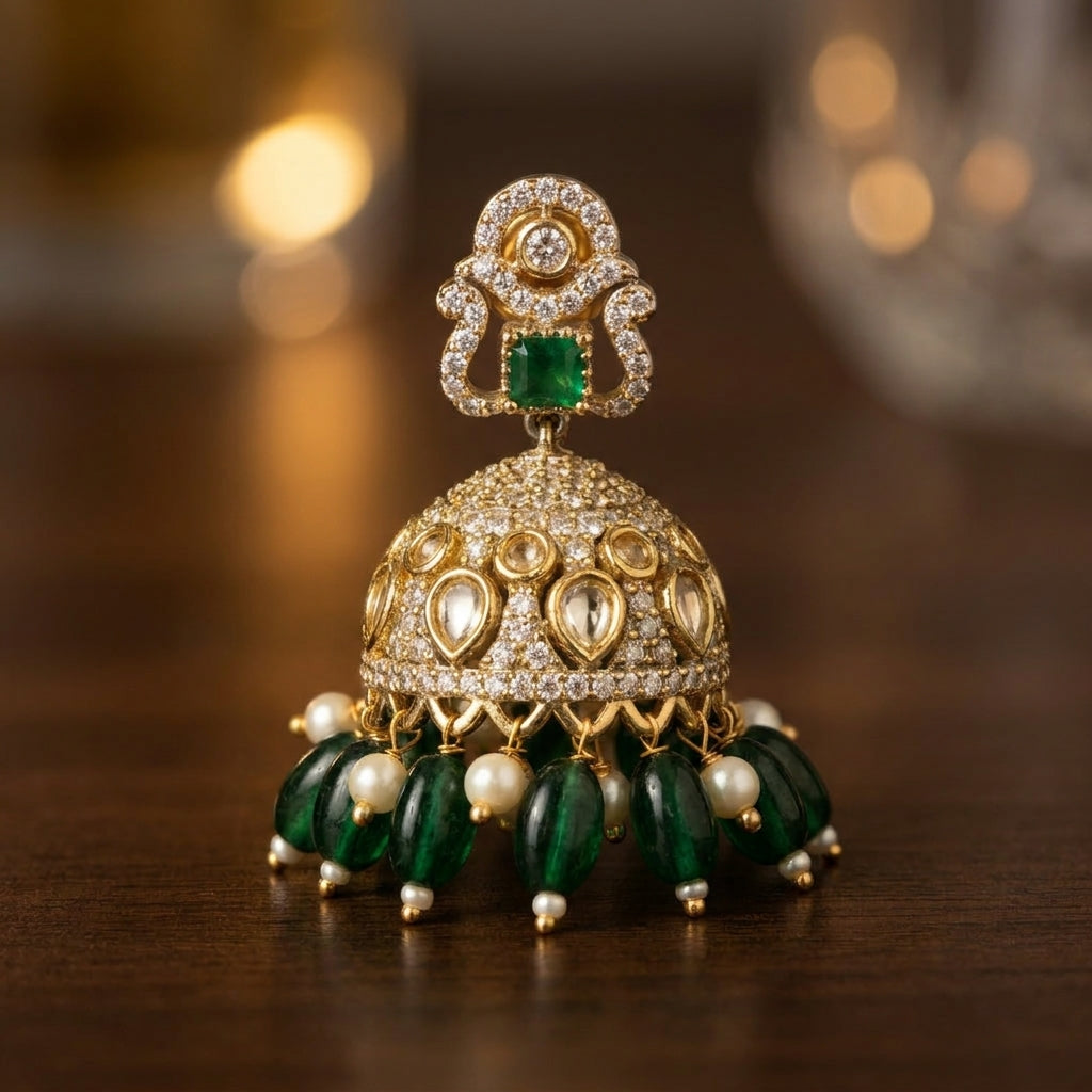 Emerald Beaded Temple Jhumka Earrings