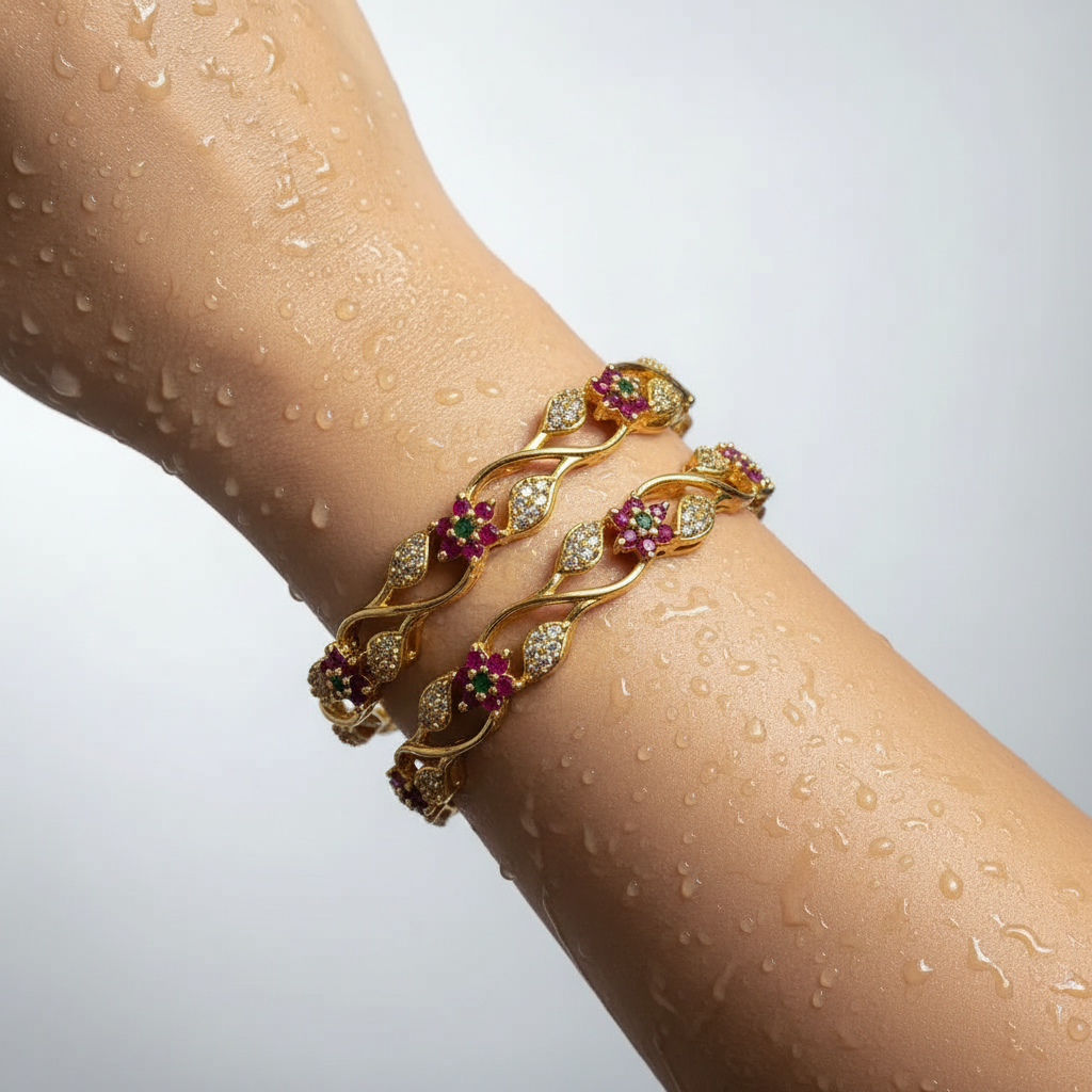 Twisted Floral Ruby & Crystal Gold Bangle Set