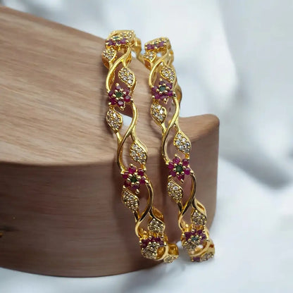 Twisted Floral Ruby & Crystal Gold Bangle Set