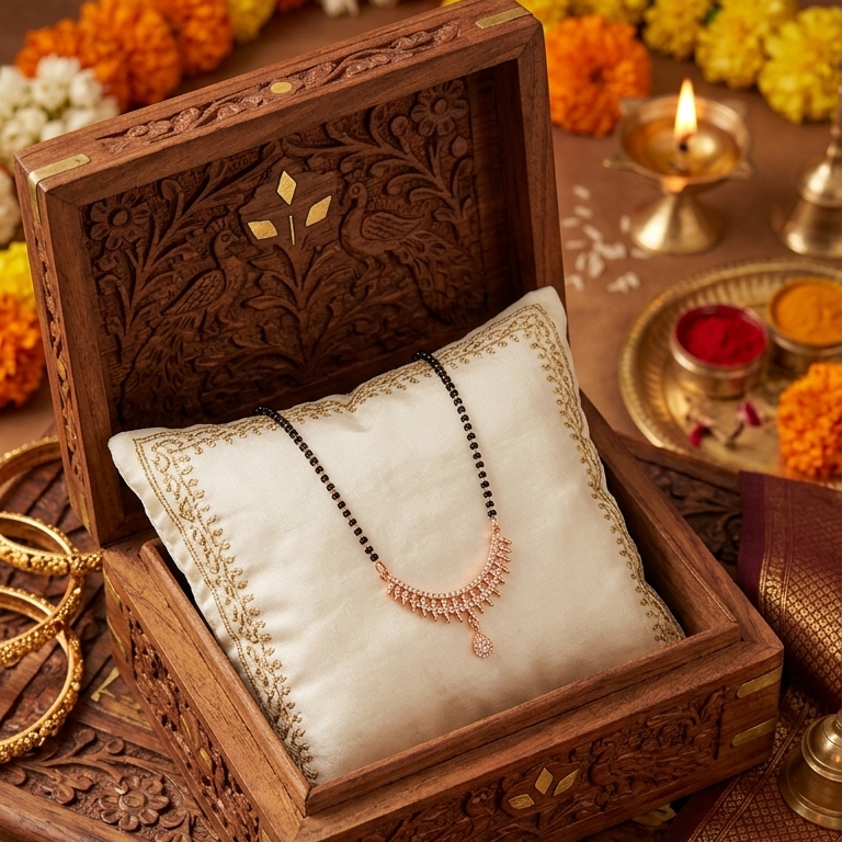 Wooden jewelry box with a necklace on a decorative setting with flowers and candles.