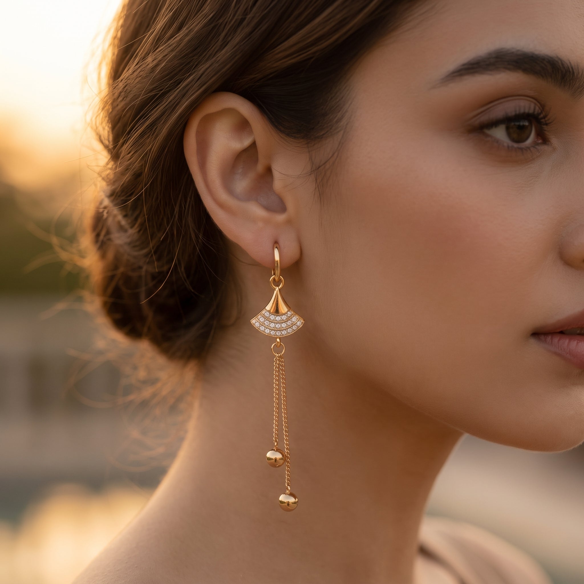 Fan Motif Crystal Tassel Earrings - lifestyle