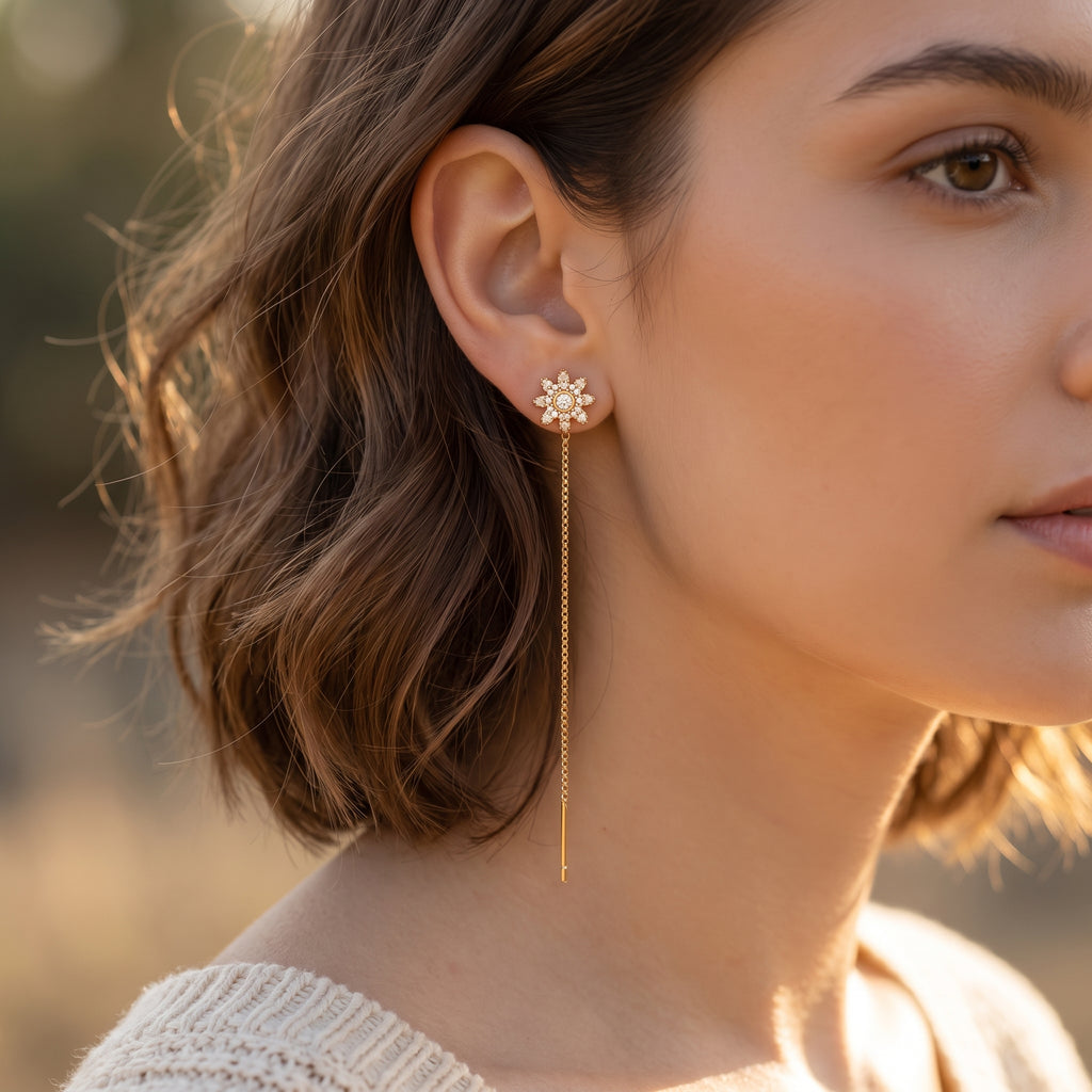 Sunburst Threader Chain Earrings - lifestyle