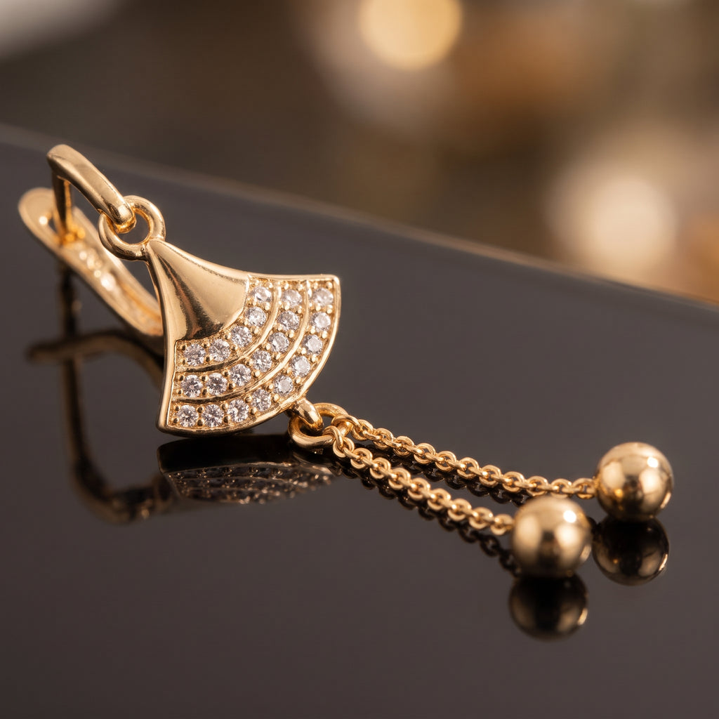 Fan Motif Crystal Tassel Earrings - macro