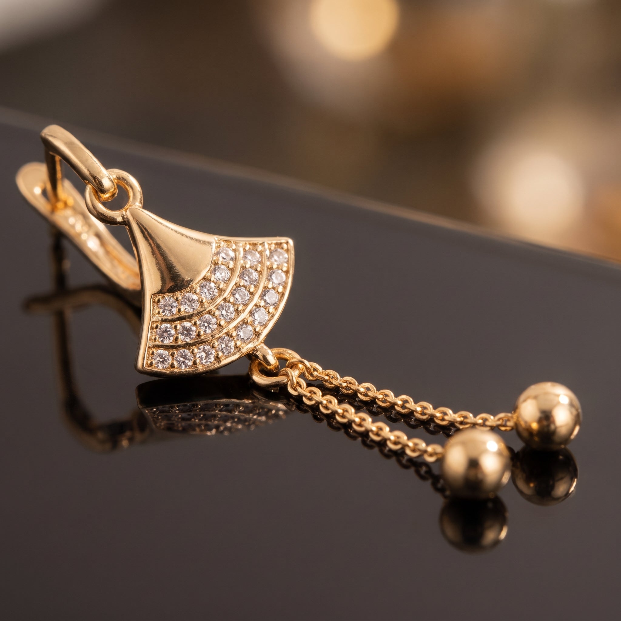 Fan Motif Crystal Tassel Earrings - macro
