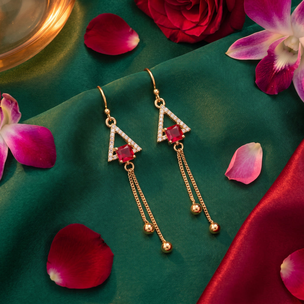 Geometric Ruby-Tone Tassel Drop Earrings