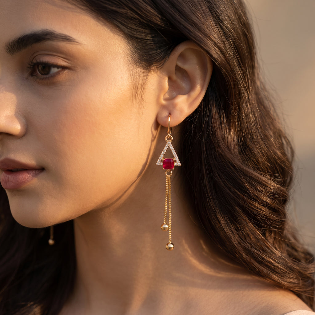 Geometric Ruby-Tone Tassel Drop Earrings