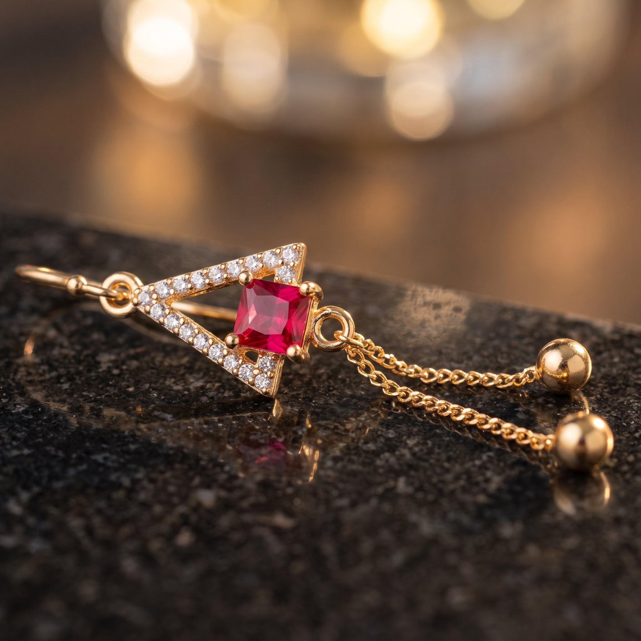 Geometric Ruby-Tone Tassel Drop Earrings