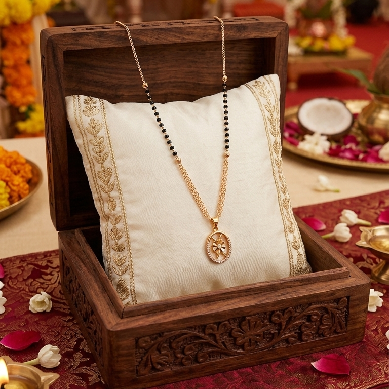 Decorative jewelry display with a necklace on a white pillow inside a wooden box, set against a festive background.