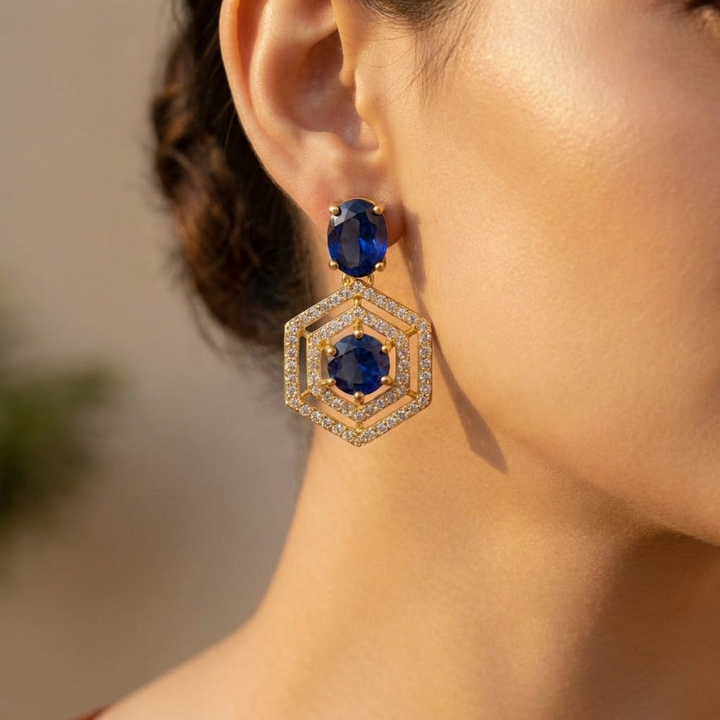 Sapphire Hexa Halo Statement Earrings - worn on model
