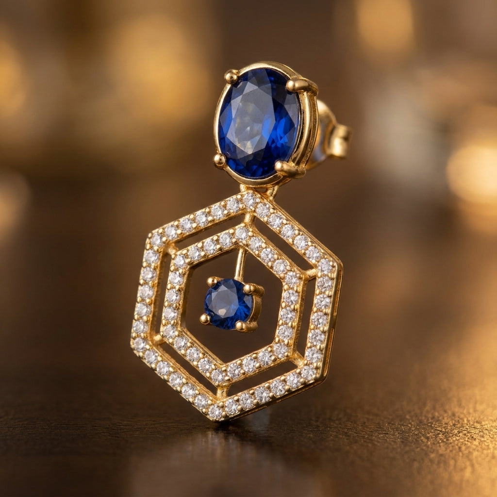 Sapphire Hexa Halo Statement Earrings - macro detail