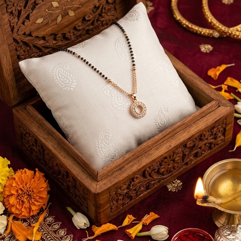 Wooden jewelry box with a necklace on a decorative background